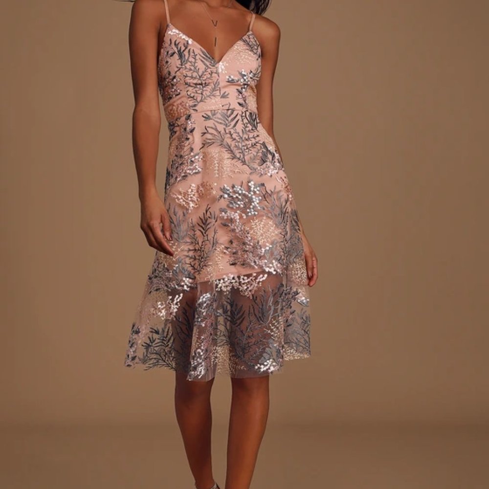 NWT Floral  Embroidered Midi Dress, Blush